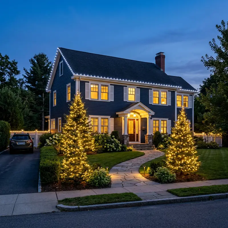 Two story colonial home with cool white roofline lights at blue hour