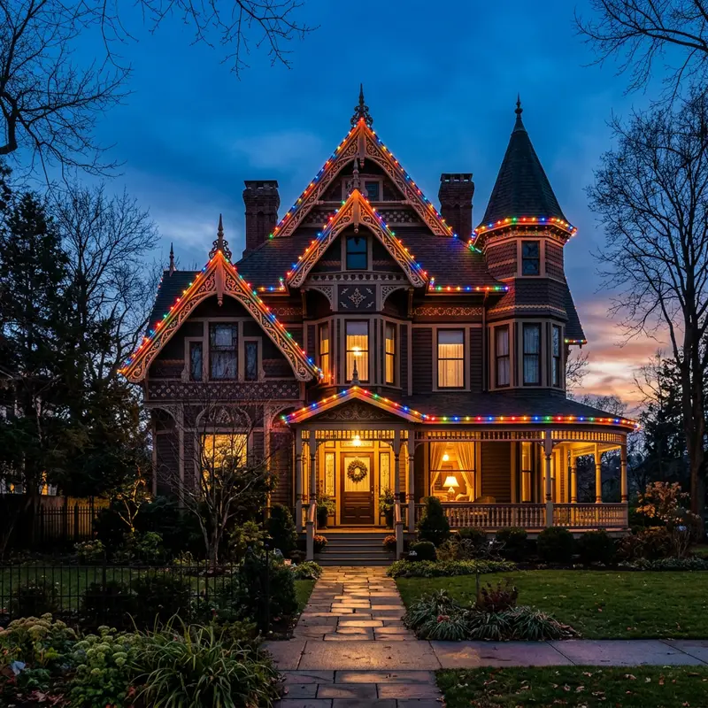 Gabled home with multicolor lights outlining its gables