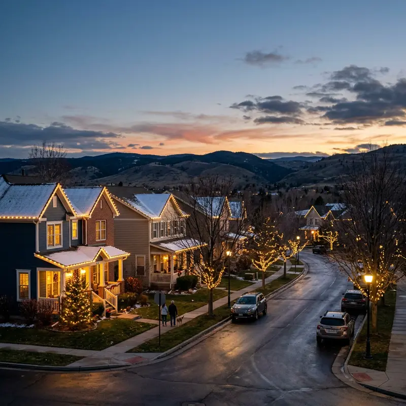 A suburban street at dusk as roofline lights switch on