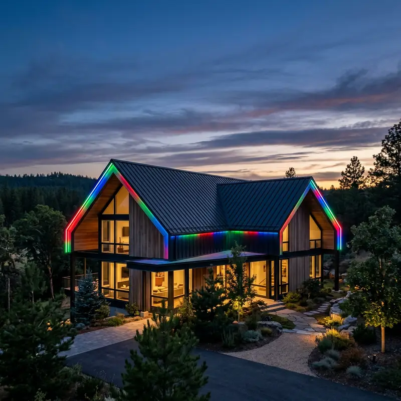 A modern home with red, green, and blue color changing roofline lights at dusk, shown as an example of color changing lighting
