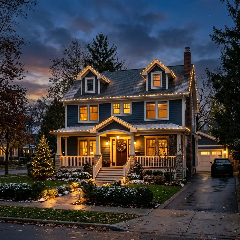 A suburban family home with lights tracing the roof peak and porch at dusk, shown as an example of residential roofline lighting