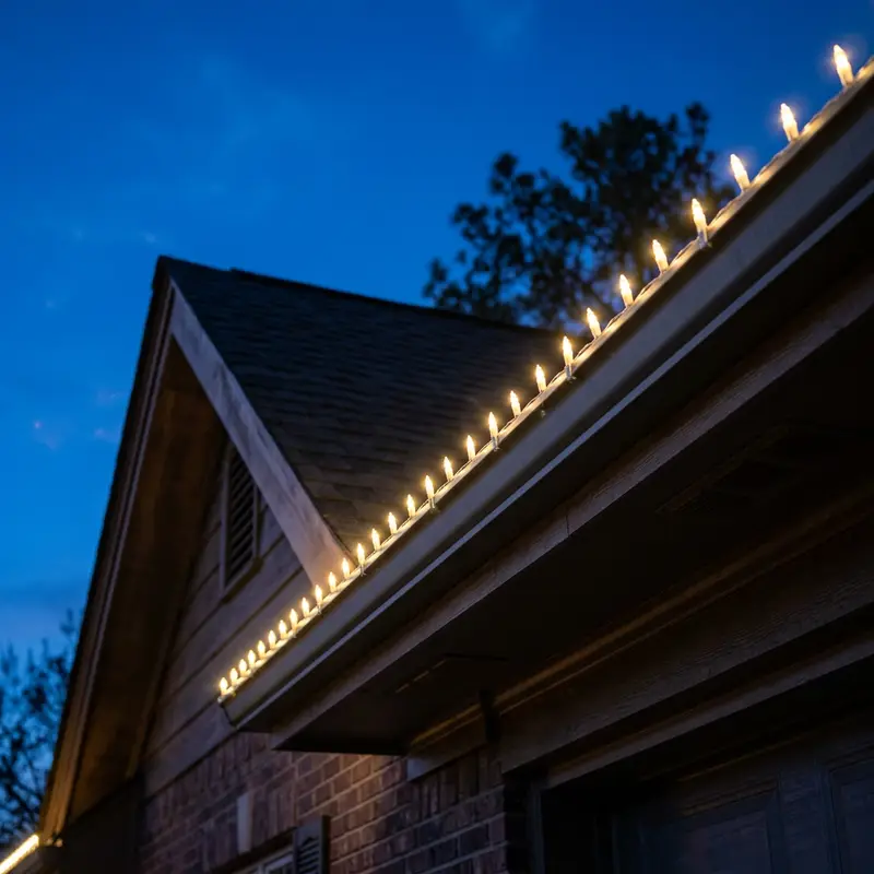Warm white Christmas lights running in a straight line along a home eave at dusk, shown as an example of roofline lighting
